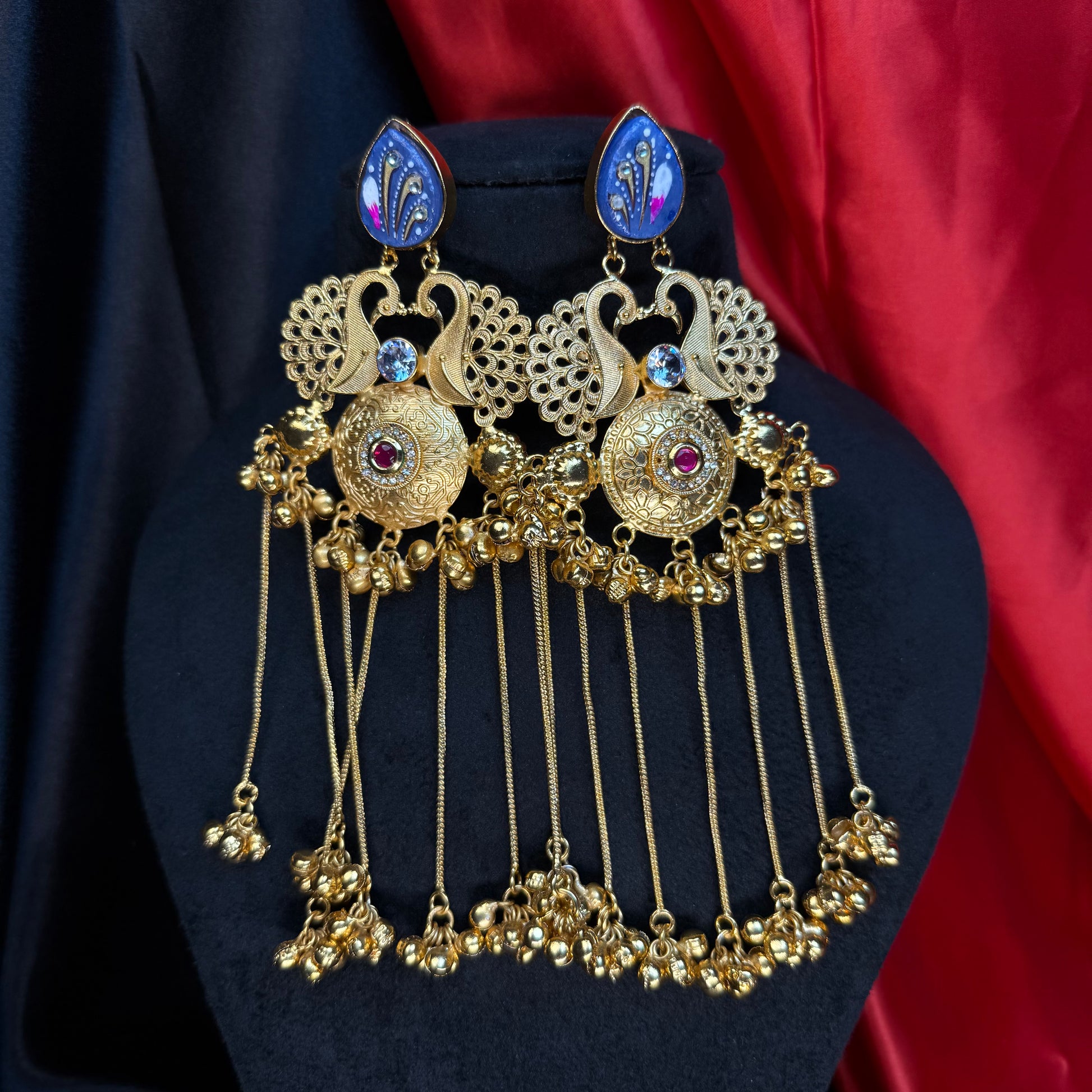 Kashmiri Royal Peacock Long Earrings Royal Blue