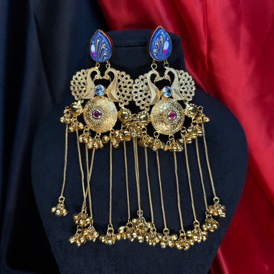 Kashmiri Royal Peacock Long Earrings Royal Blue