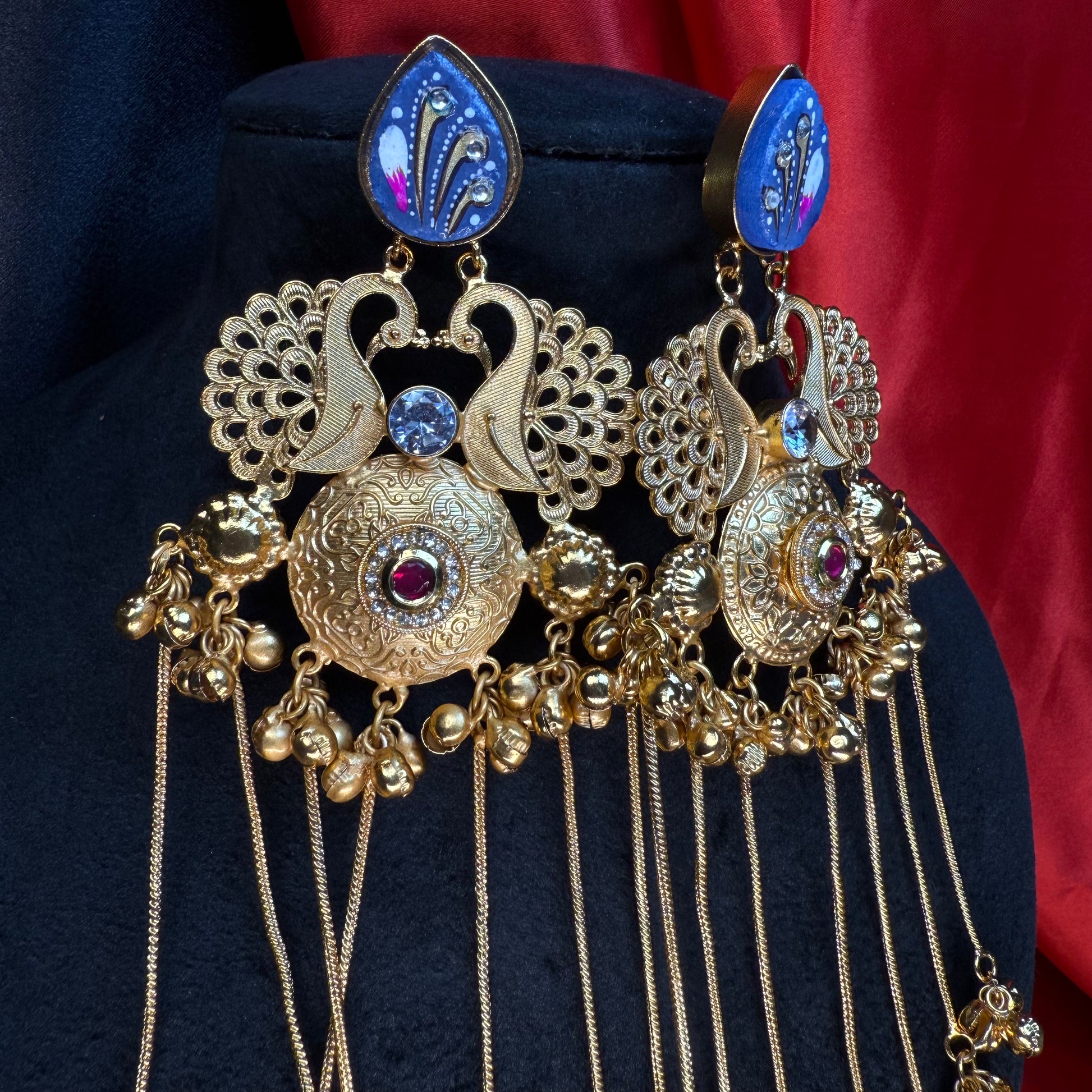 Kashmiri Royal Peacock Long Earrings Royal Blue