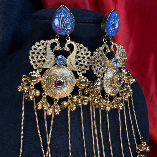 Kashmiri Royal Peacock Long Earrings Royal Blue