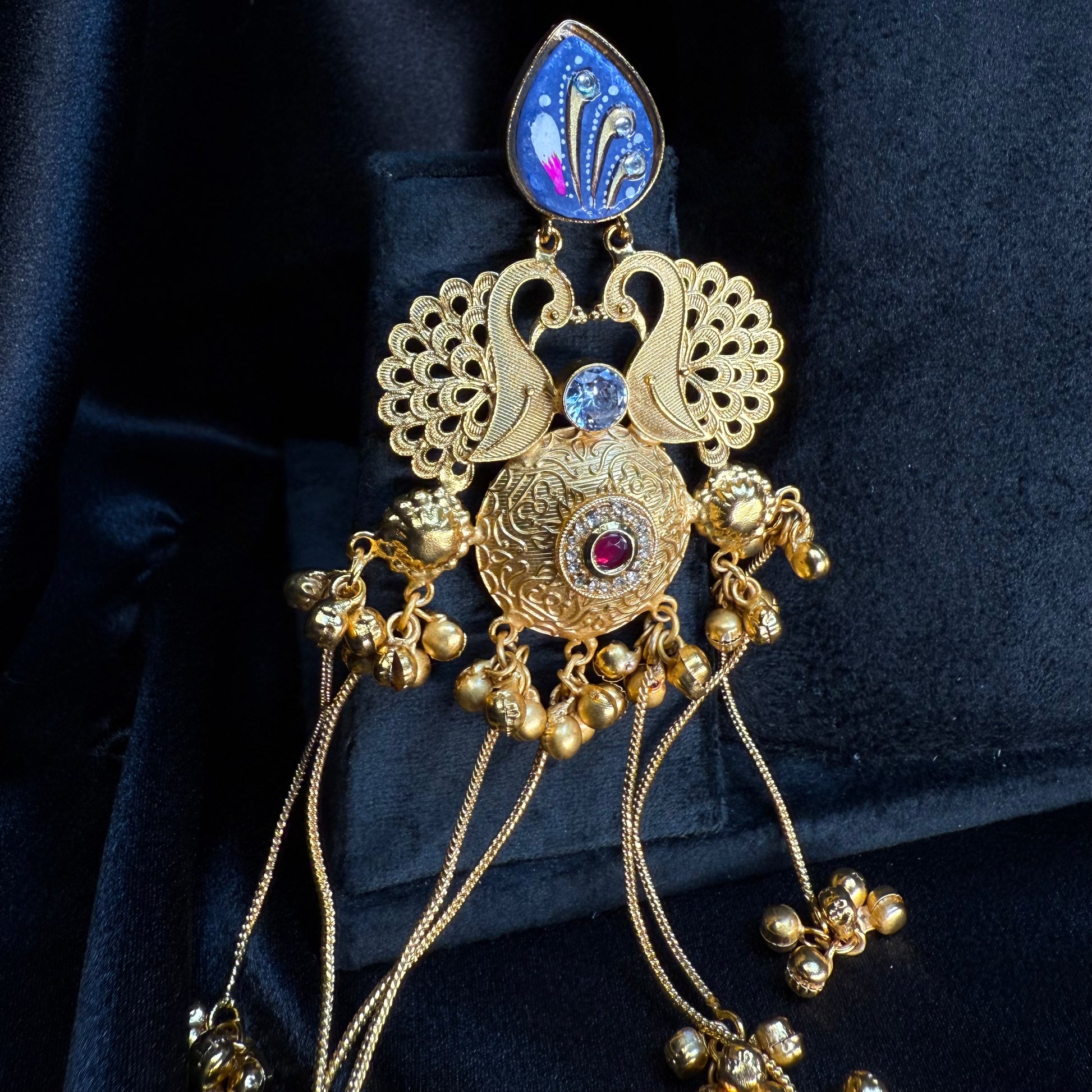 Kashmiri Royal Peacock Long Earrings Royal Blue