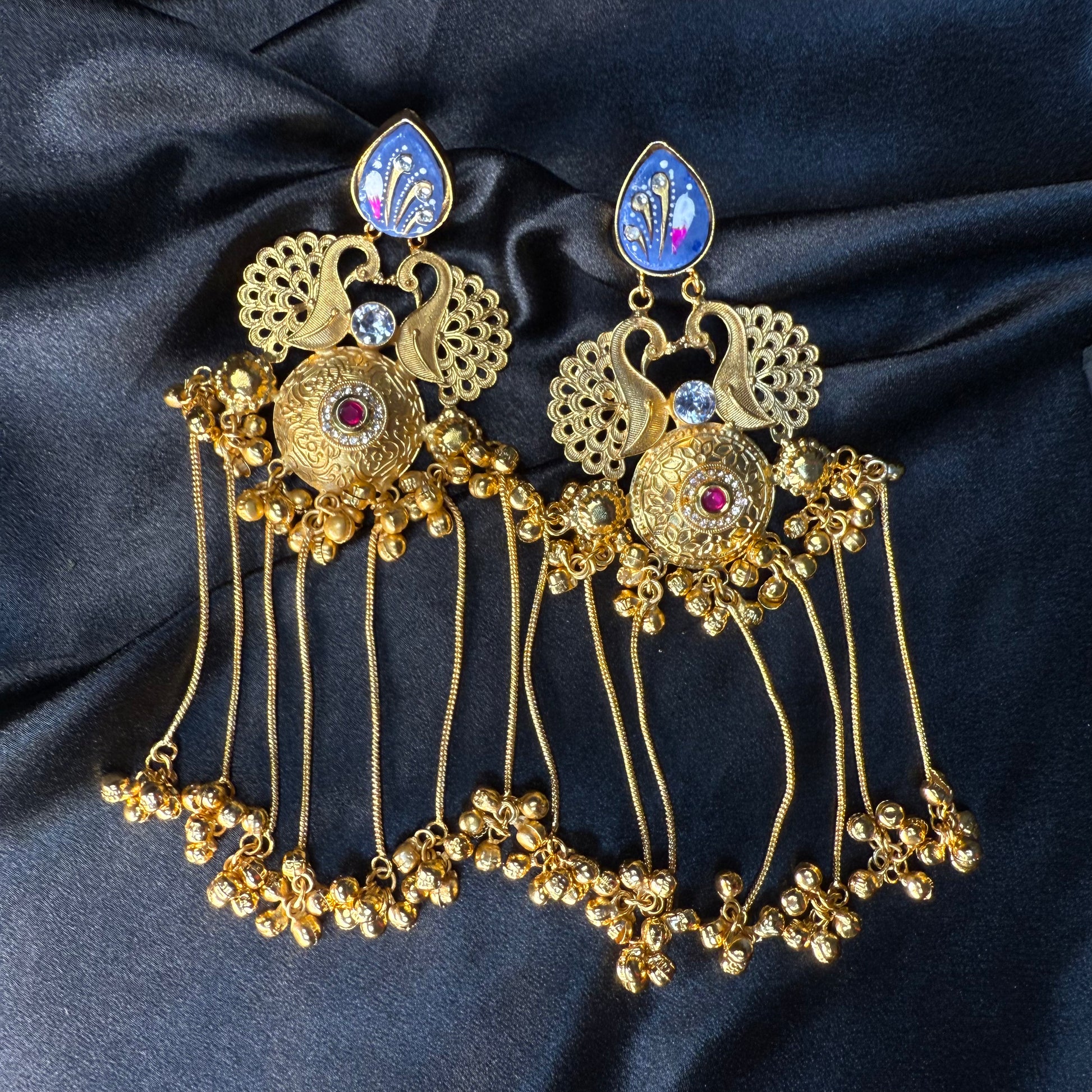 Kashmiri Royal Peacock Long Earrings Royal Blue