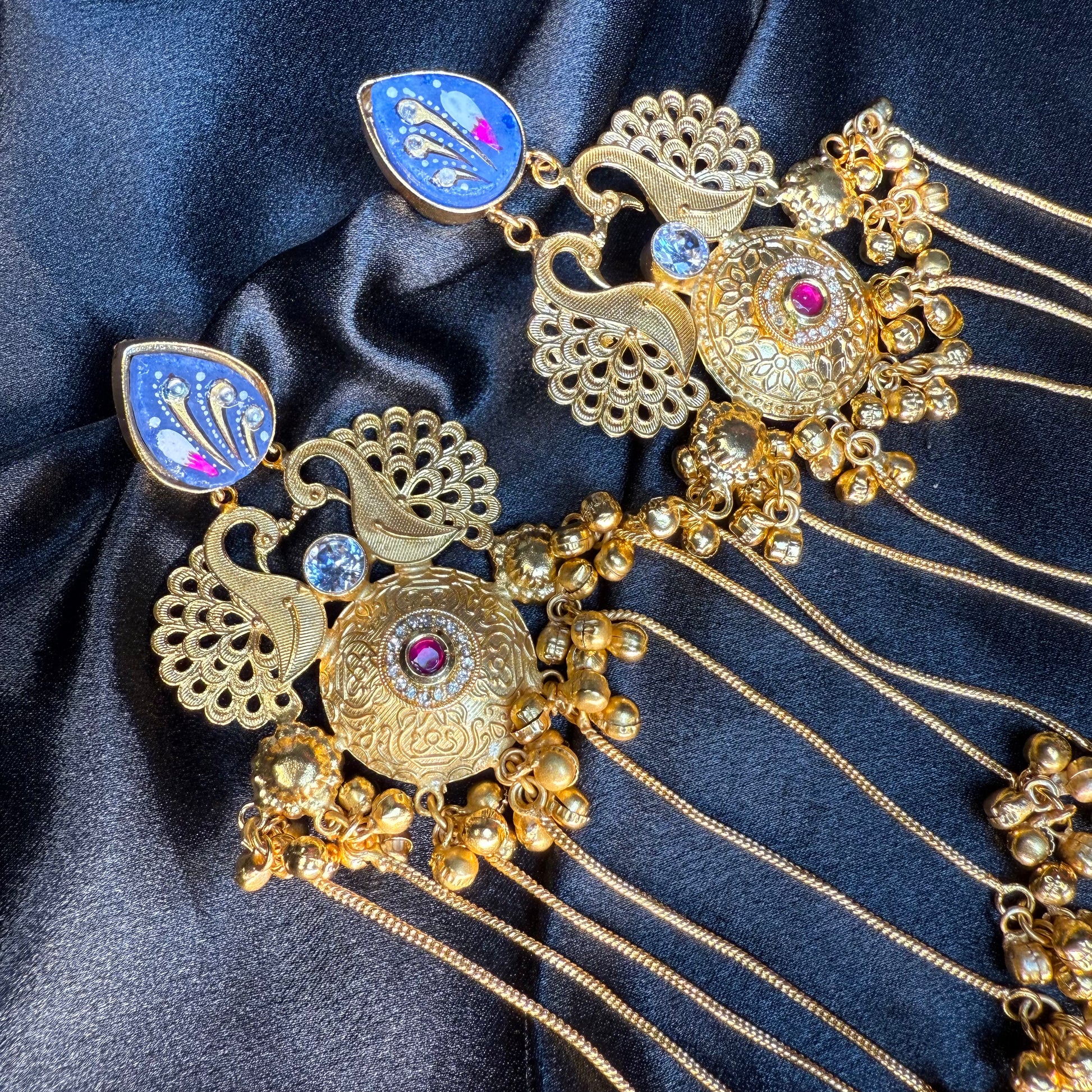 Kashmiri Royal Peacock Long Earrings Royal Blue