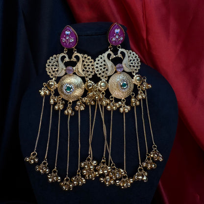Kashmiri Royal Peacock Long Earrings Dark Pink