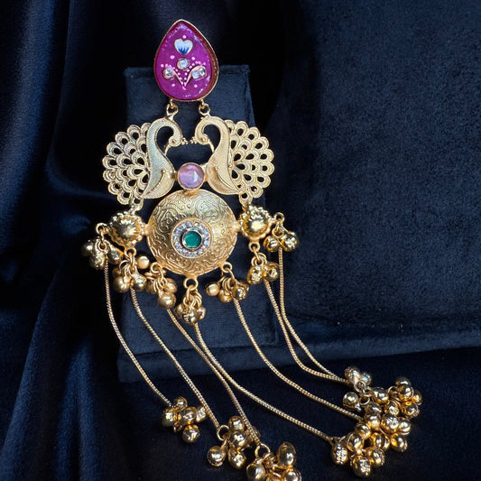 Kashmiri Royal Peacock Long Earrings Dark Pink