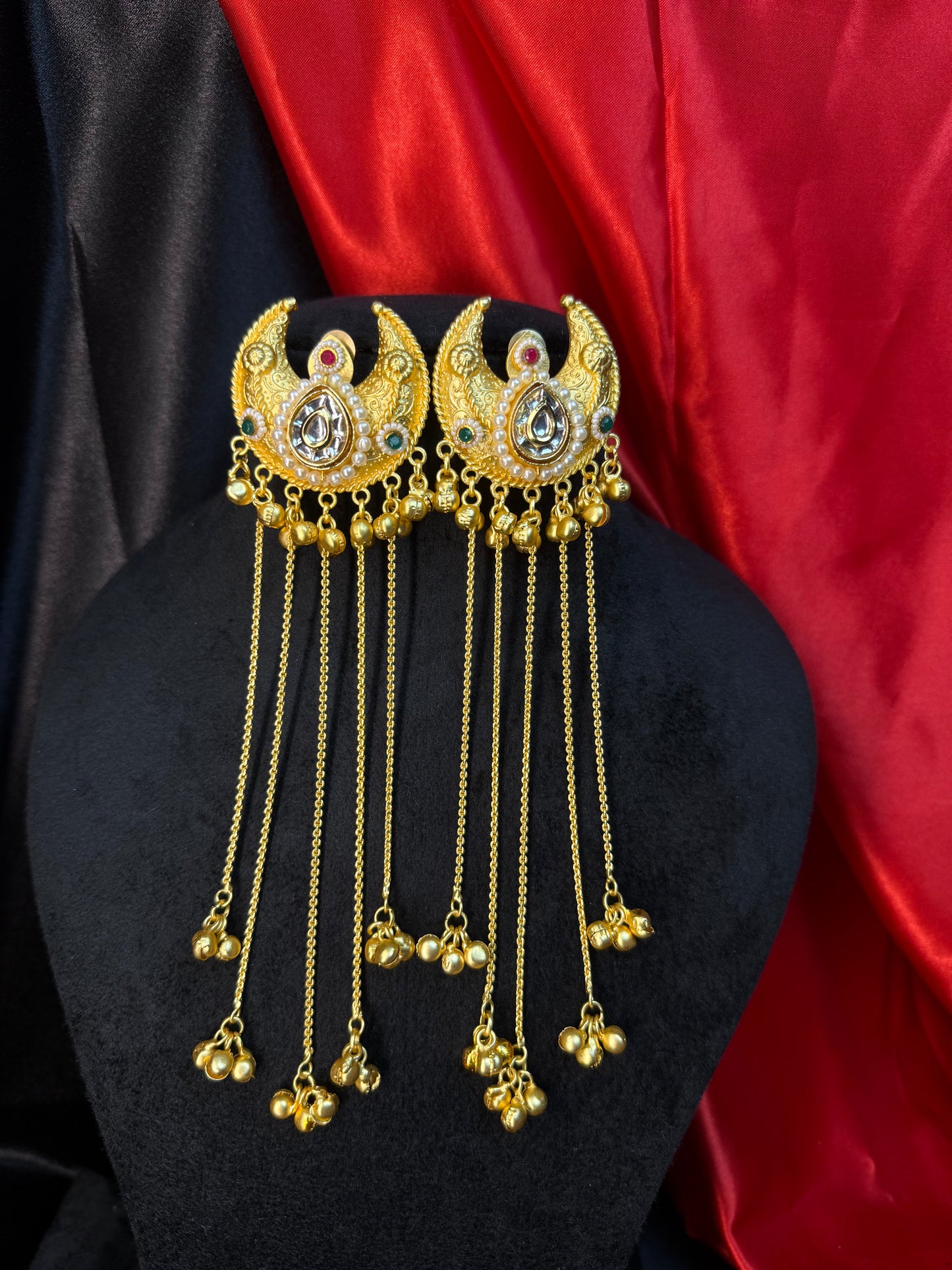Kashmiri Moon Drop Long Earrings Gold With Multicolor Stone Detailing