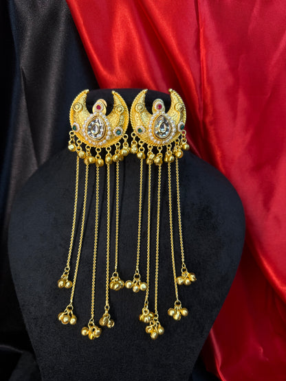 Kashmiri Moon Drop Long Earrings Gold With Multicolor Stone Detailing