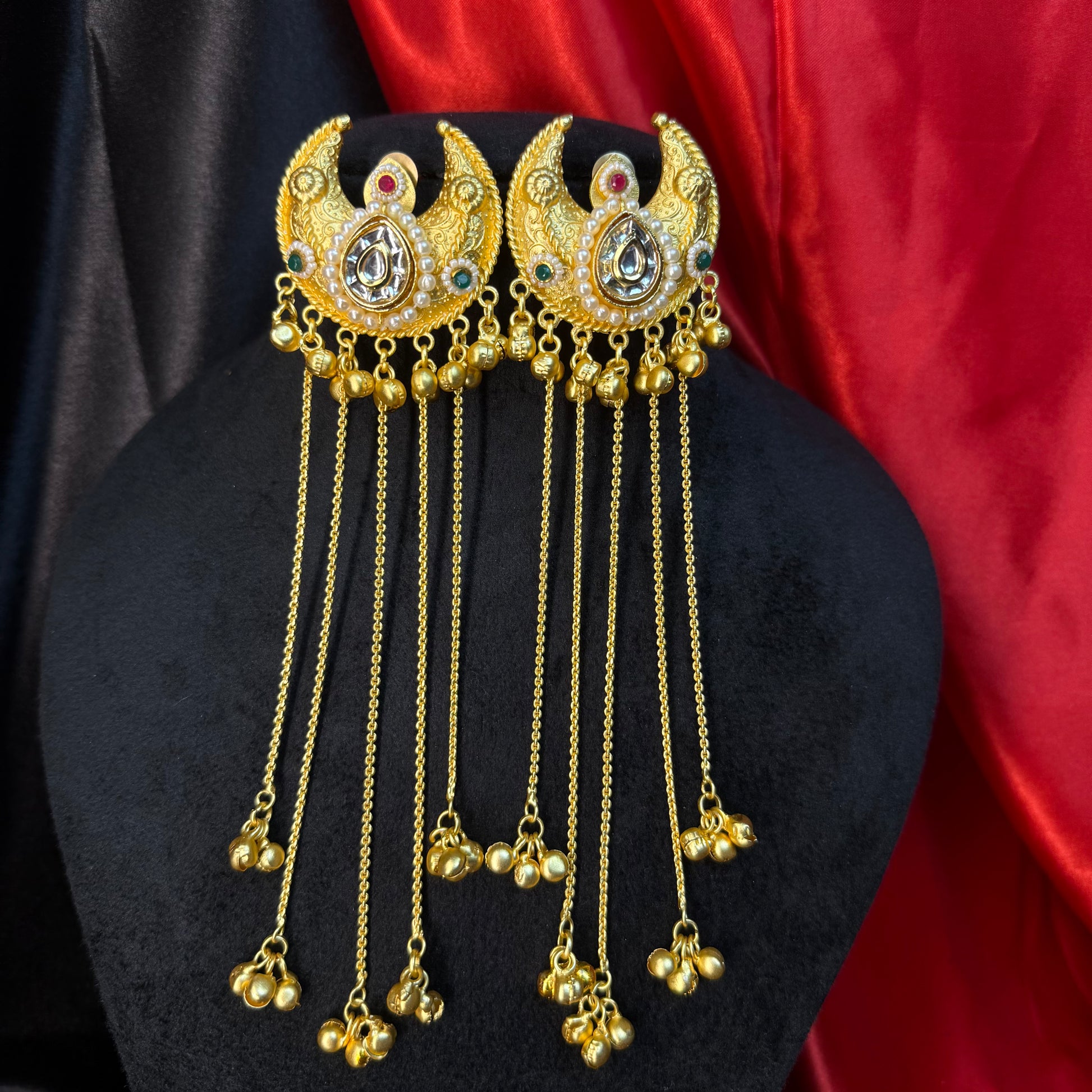 Kashmiri Moon Drop Long Earrings Gold With Multicolor Stone Detailing