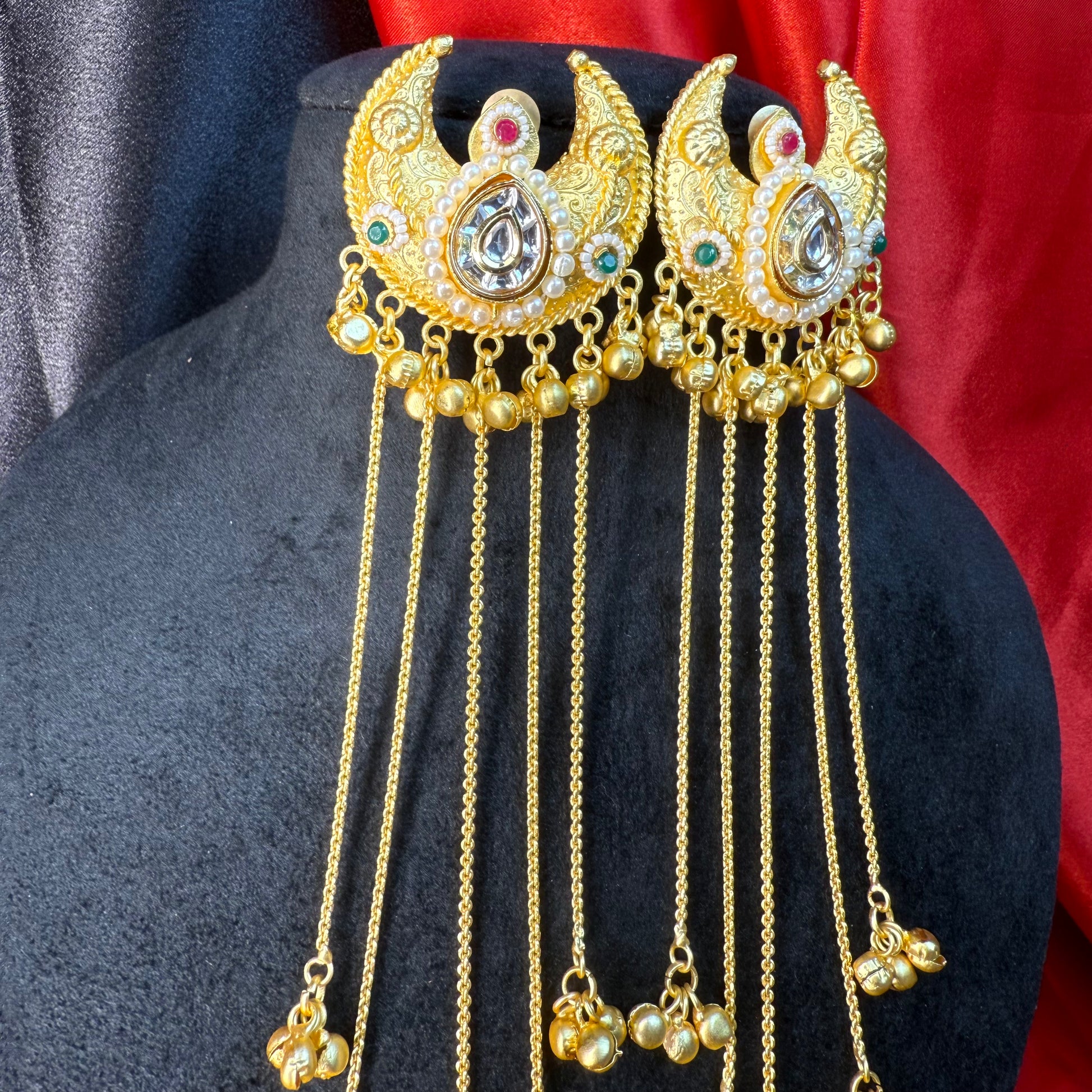 Kashmiri Moon Drop Long Earrings Gold With Multicolor Stone Detailing