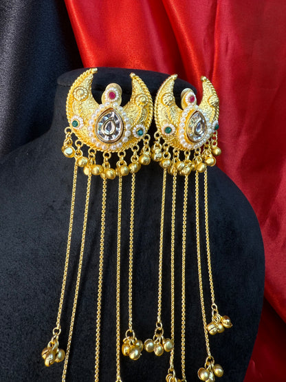 Kashmiri Moon Drop Long Earrings Gold With Multicolor Stone Detailing