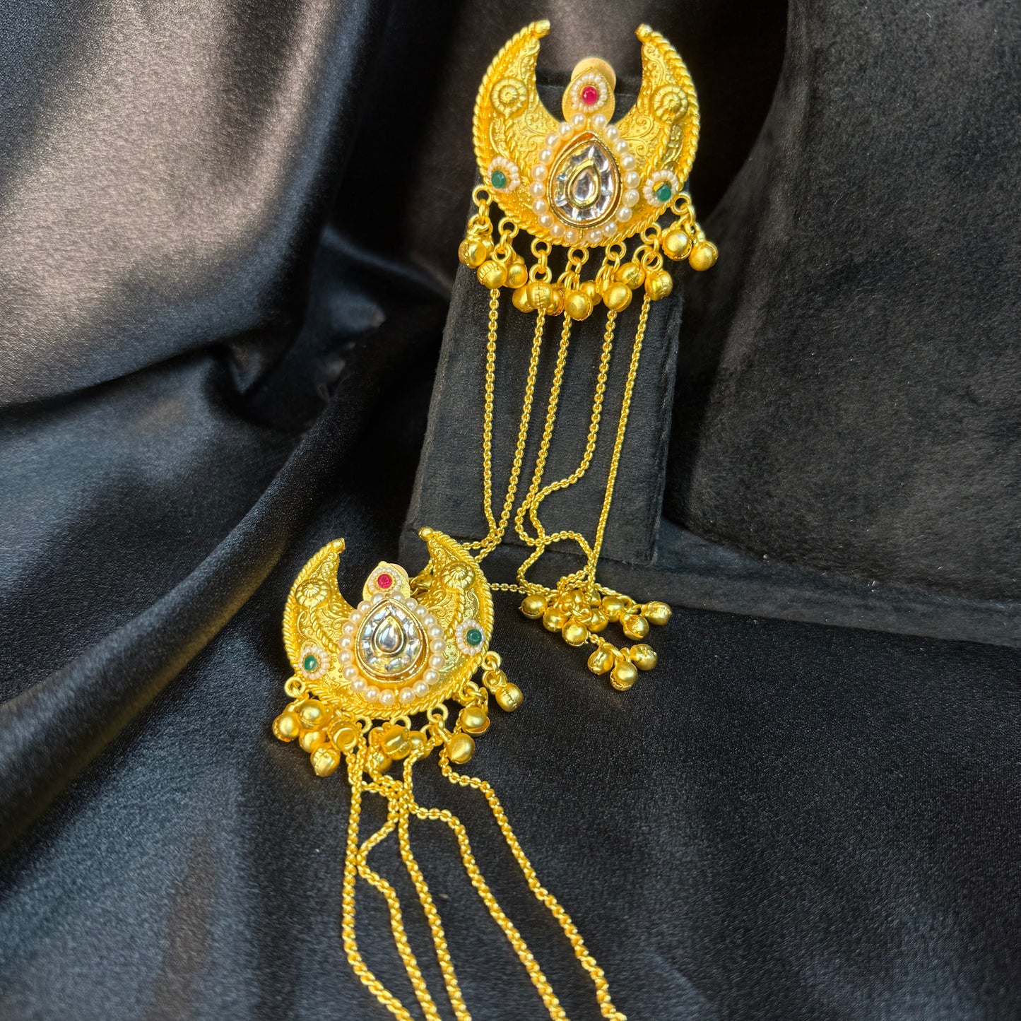 Kashmiri Moon Drop Long Earrings Gold With Multicolor Stone Detailing