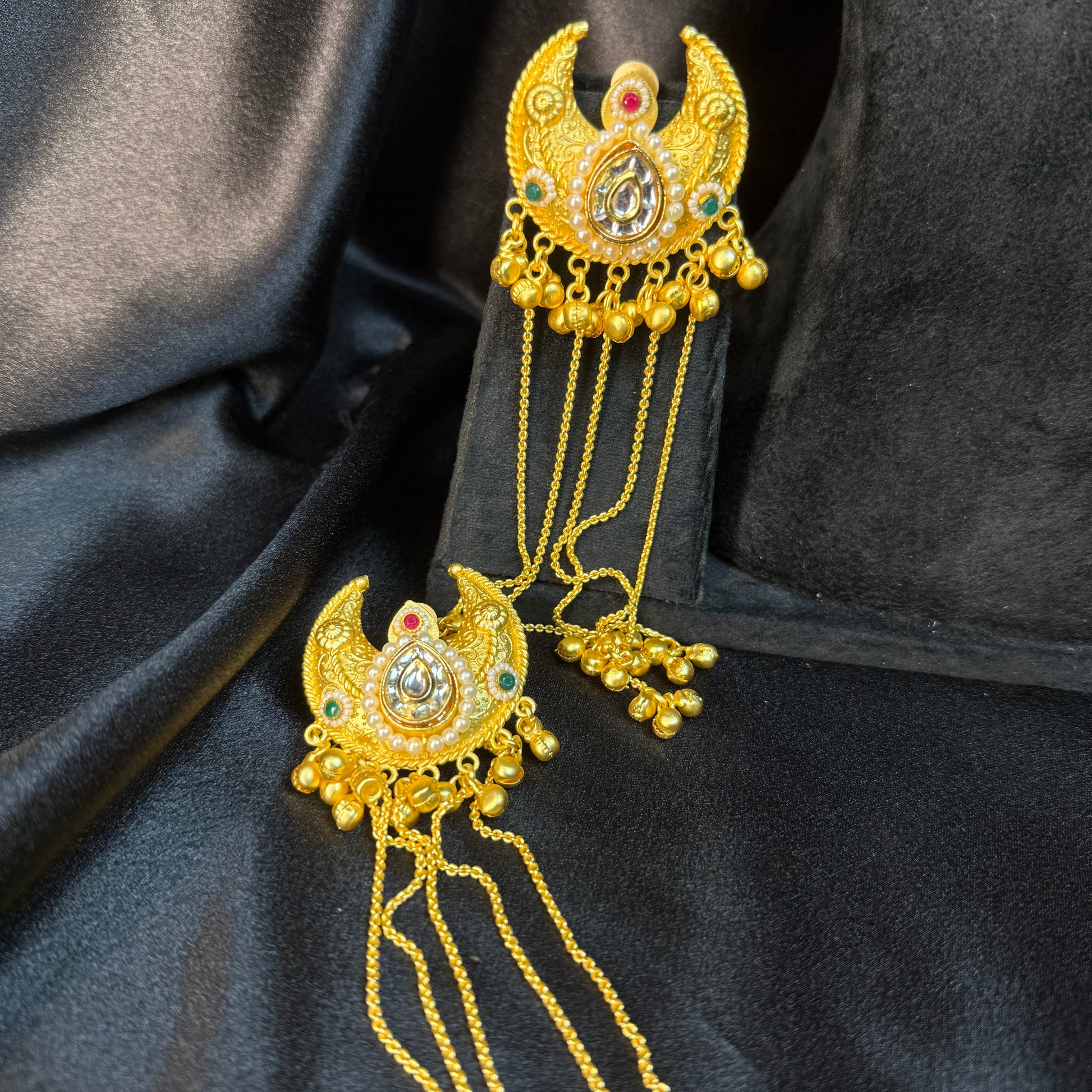 Kashmiri Moon Drop Long Earrings Gold With Multicolor Stone Detailing