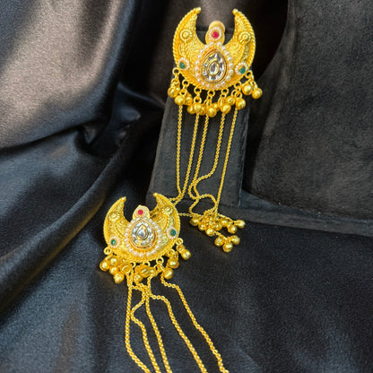 Kashmiri Moon Drop Long Earrings Gold With Multicolor Stone Detailing