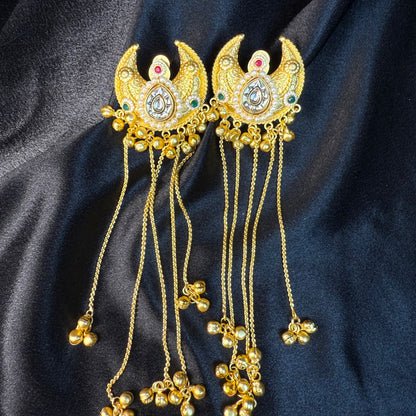 Kashmiri Moon Drop Long Earrings Gold With Multicolor Stone Detailing
