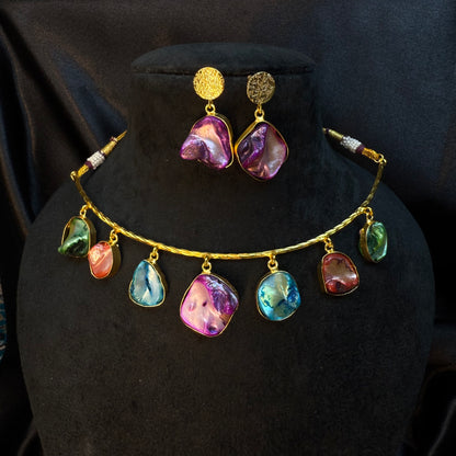 Trendy Multicolor Stone Gold-Plated Necklace Set for Women & Girls
