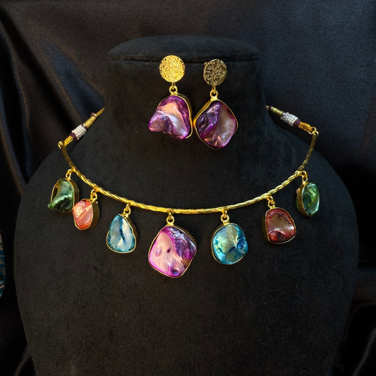 Trendy Multicolor Stone Gold-Plated Necklace Set for Women & Girls