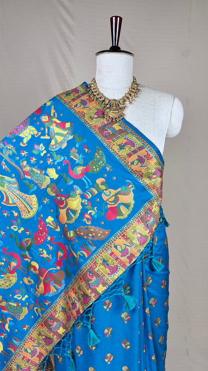Vibrant Blue Meenakari saree with Peacock & Folk Art Motifs With Blause piece for Festival Wear