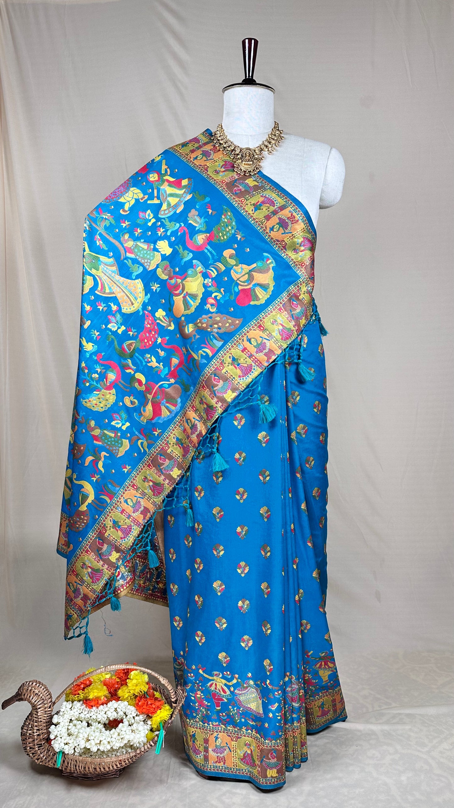 Vibrant Blue Meenakari saree with Peacock & Folk Art Motifs With Blause piece for Festival Wear