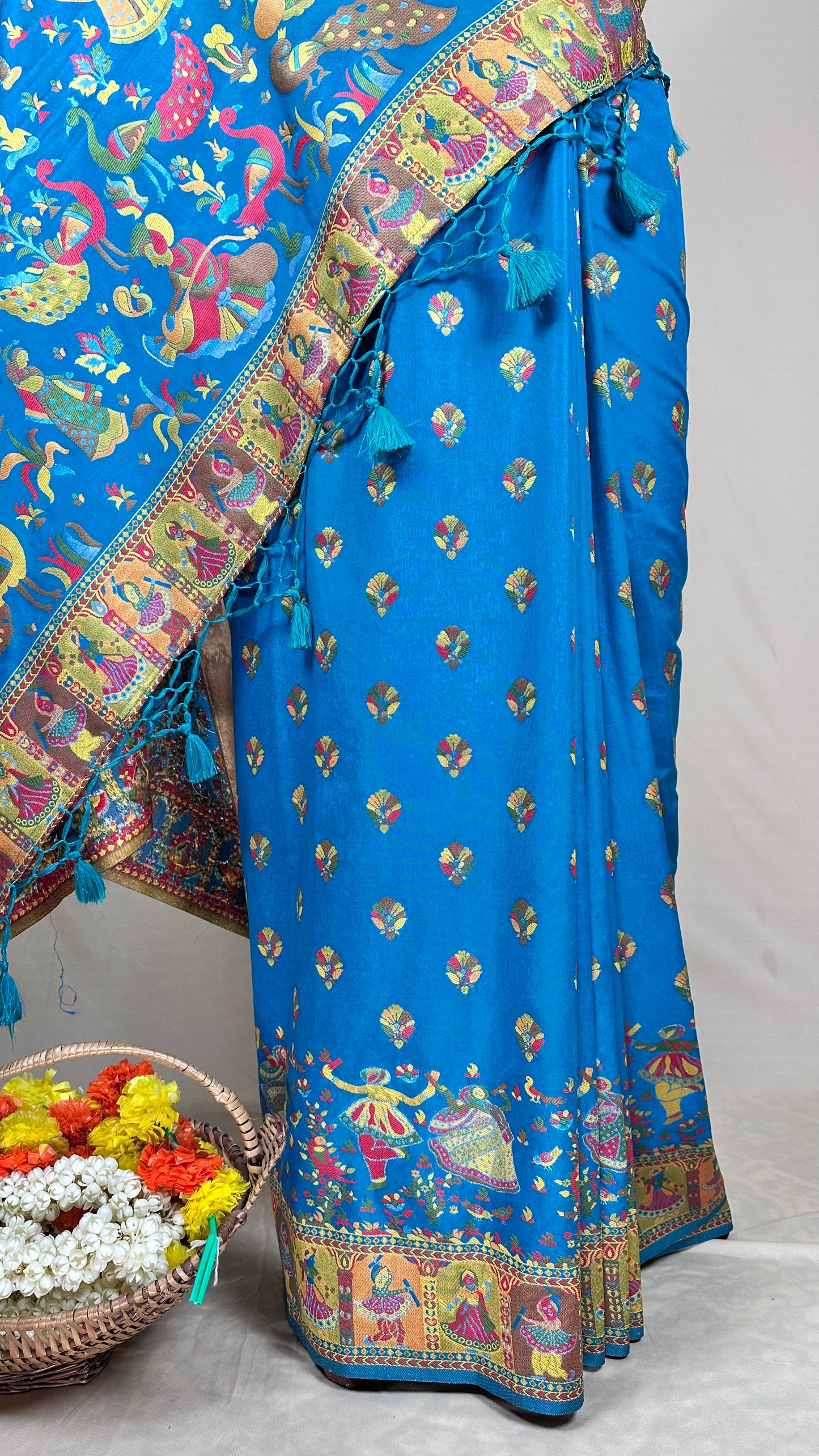 Vibrant Blue Meenakari saree with Peacock & Folk Art Motifs With Blause piece for Festival Wear