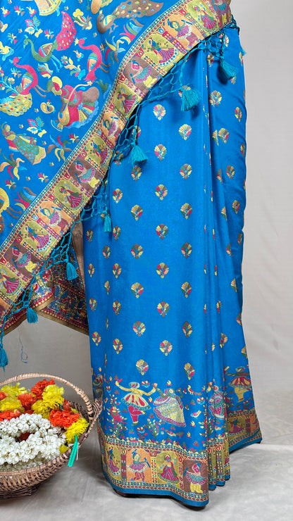 Vibrant Blue Meenakari saree with Peacock & Folk Art Motifs With Blause piece for Festival Wear