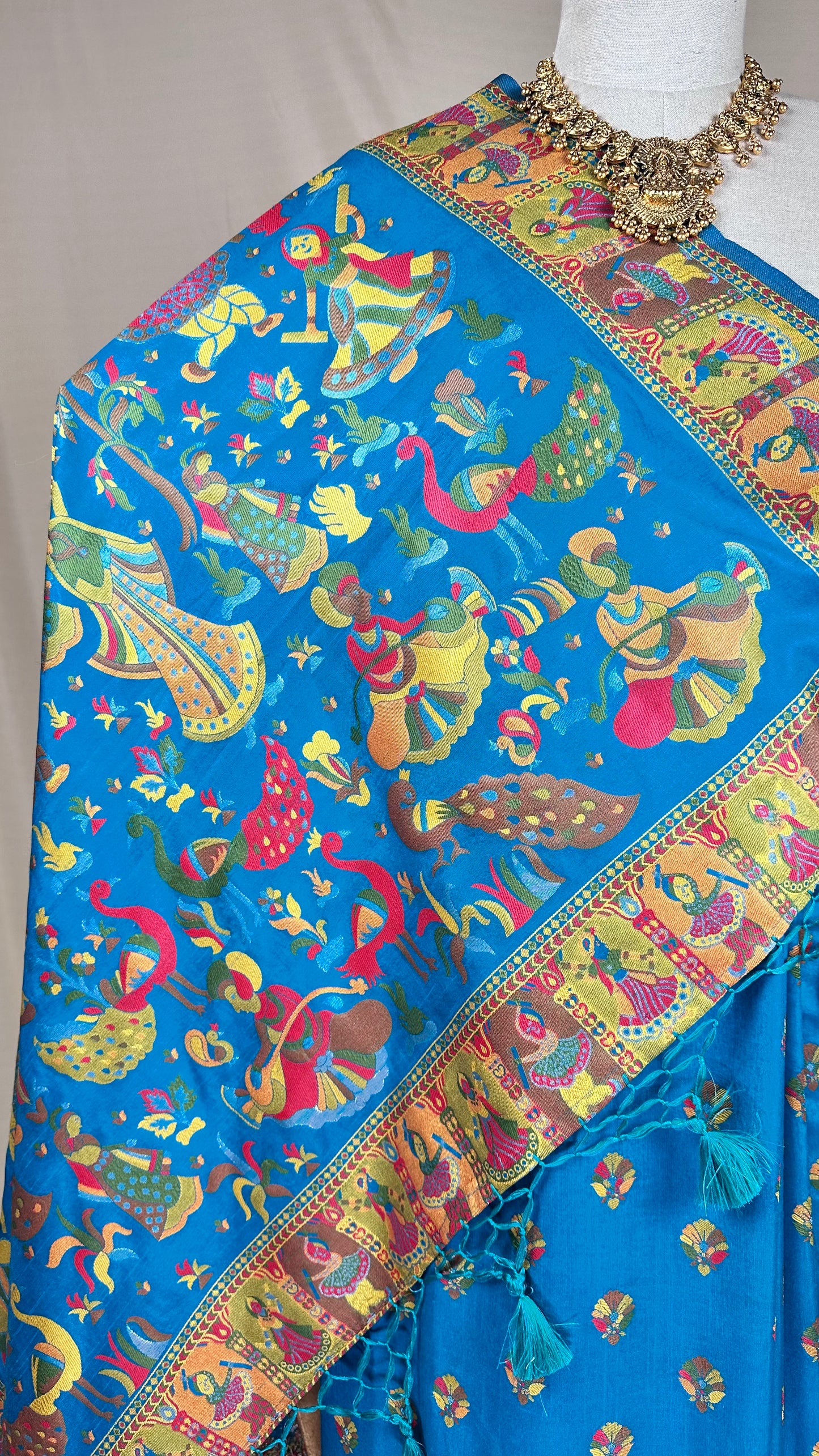Vibrant Blue Meenakari saree with Peacock & Folk Art Motifs With Blause piece for Festival Wear