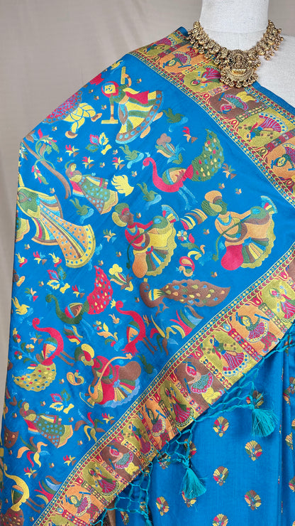 Vibrant Blue Meenakari saree with Peacock & Folk Art Motifs With Blause piece for Festival Wear