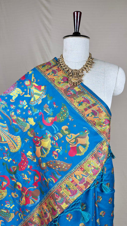 Vibrant Blue Meenakari saree with Peacock & Folk Art Motifs With Blause piece for Festival Wear