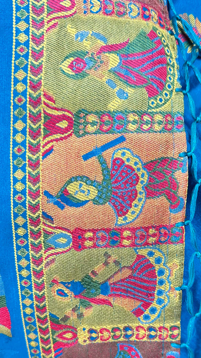 Vibrant Blue Meenakari saree with Peacock & Folk Art Motifs With Blause piece for Festival Wear