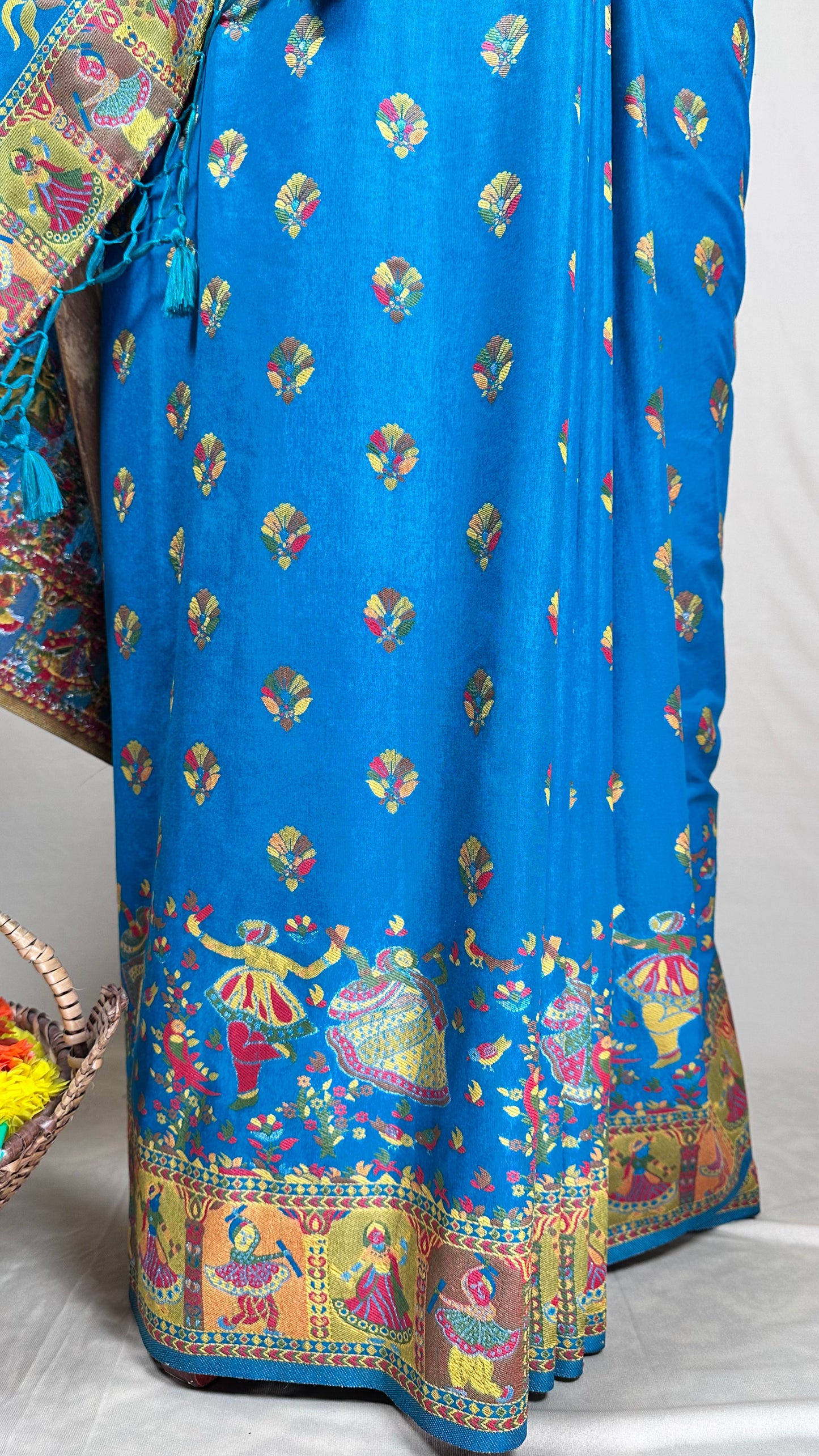 Vibrant Blue Meenakari saree with Peacock & Folk Art Motifs With Blause piece for Festival Wear