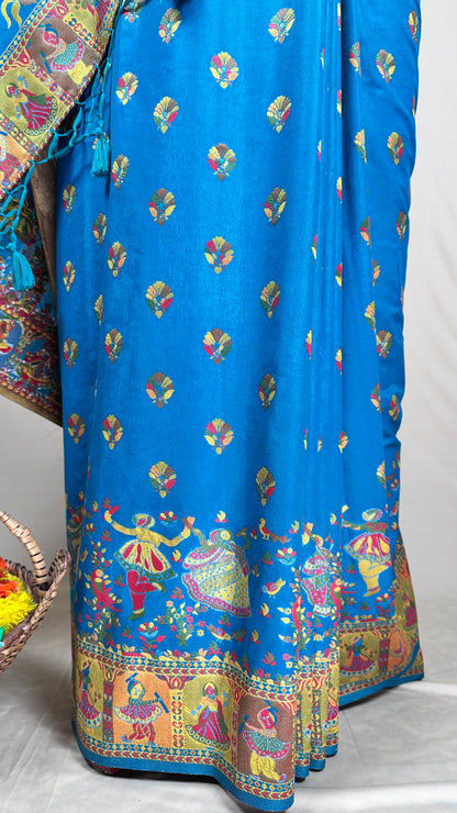 Vibrant Blue Meenakari saree with Peacock & Folk Art Motifs With Blause piece for Festival Wear