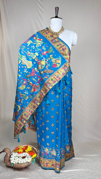 Vibrant Blue Meenakari saree with Peacock & Folk Art Motifs With Blause piece for Festival Wear