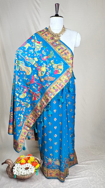 Vibrant Blue Meenakari saree with Peacock & Folk Art Motifs With Blause piece for Festival Wear