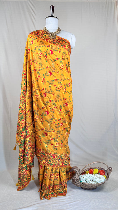 Vibrant yellow Floral Meenakari Saree With Blause piece for Festival Wear