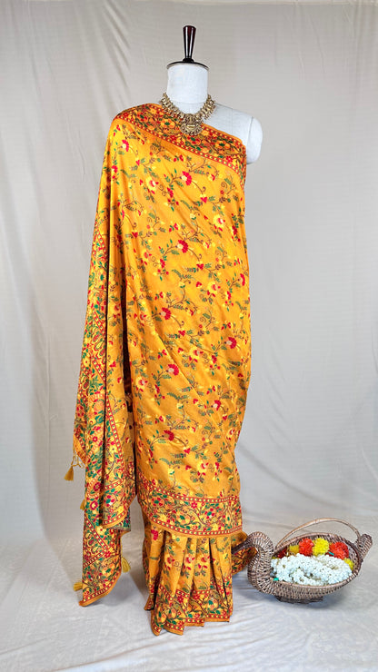 Vibrant yellow Floral Meenakari Saree With Blause piece for Festival Wear