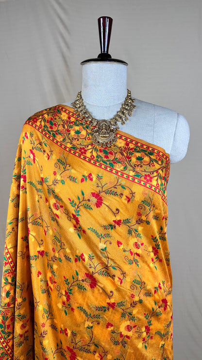 Vibrant yellow Floral Meenakari Saree With Blause piece for Festival Wear