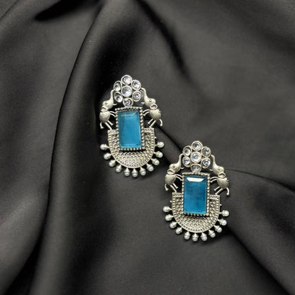 Oxidised German Silver Earrings with Sky Blue Stone & Elephant Motif