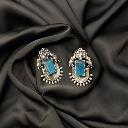 Oxidised German Silver Earrings with Sky Blue Stone & Elephant Motif