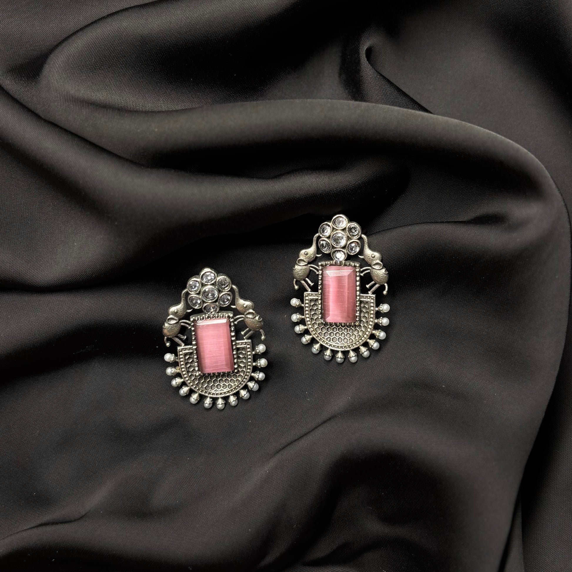 Oxidised German Silver Earrings with Pink Stone & Elephant Motif