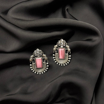 Oxidised German Silver Earrings with Pink Stone & Elephant Motif