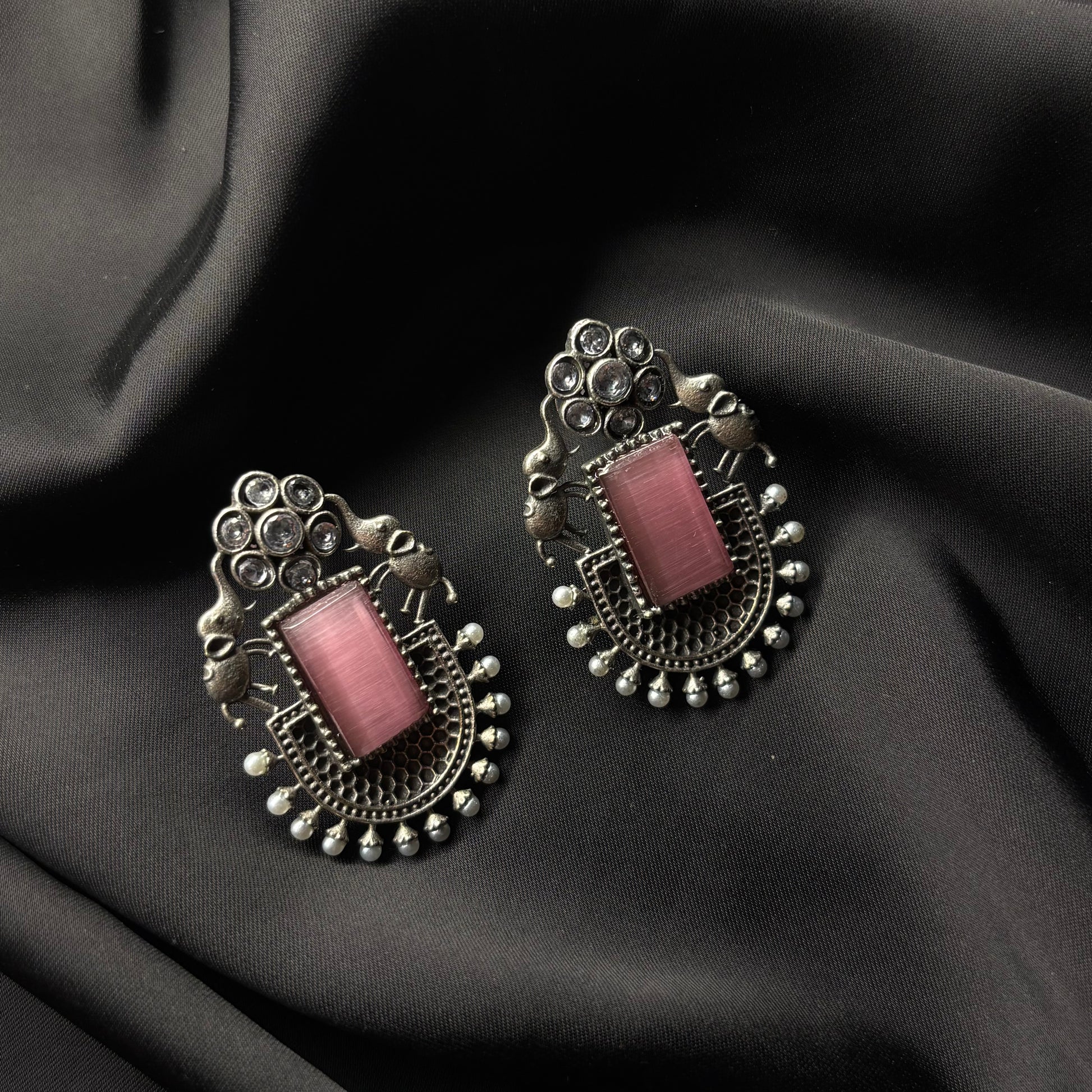 Oxidised German Silver Earrings with Pink Stone & Elephant Motif