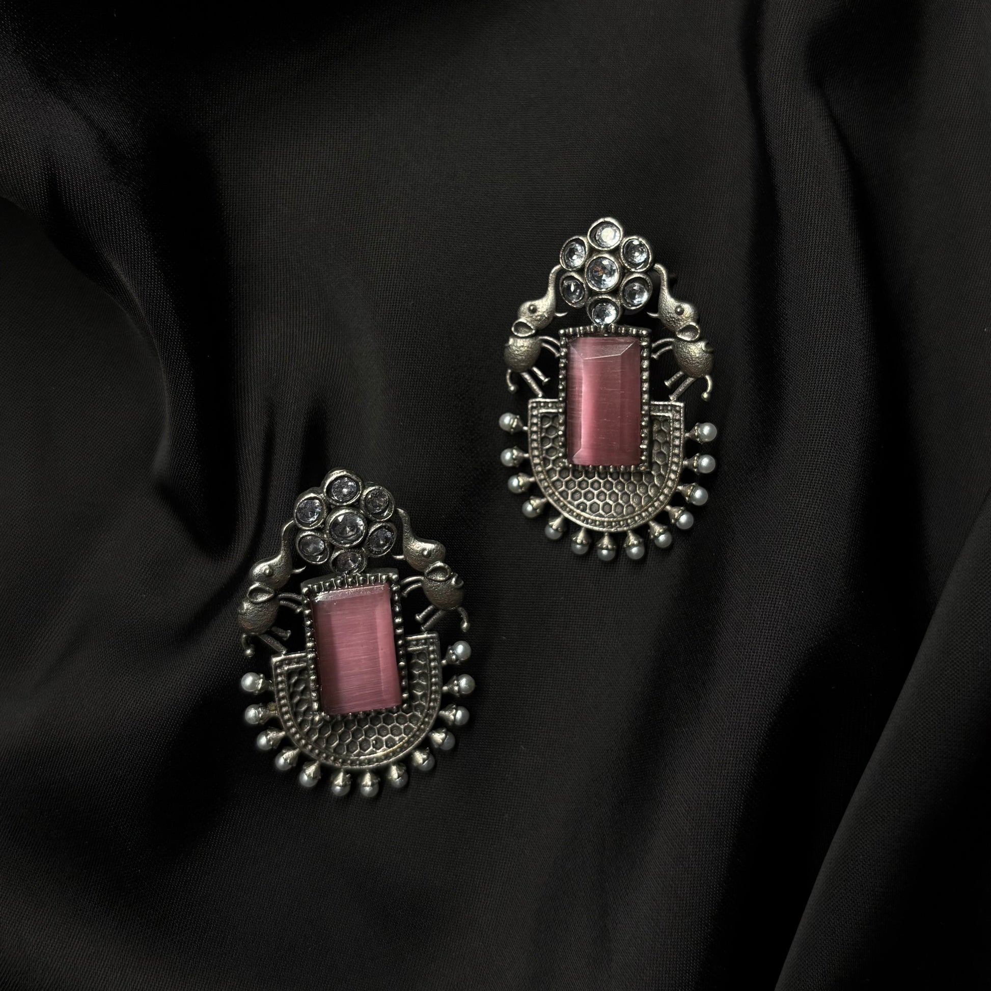 Oxidised German Silver Earrings with Pink Stone & Elephant Motif