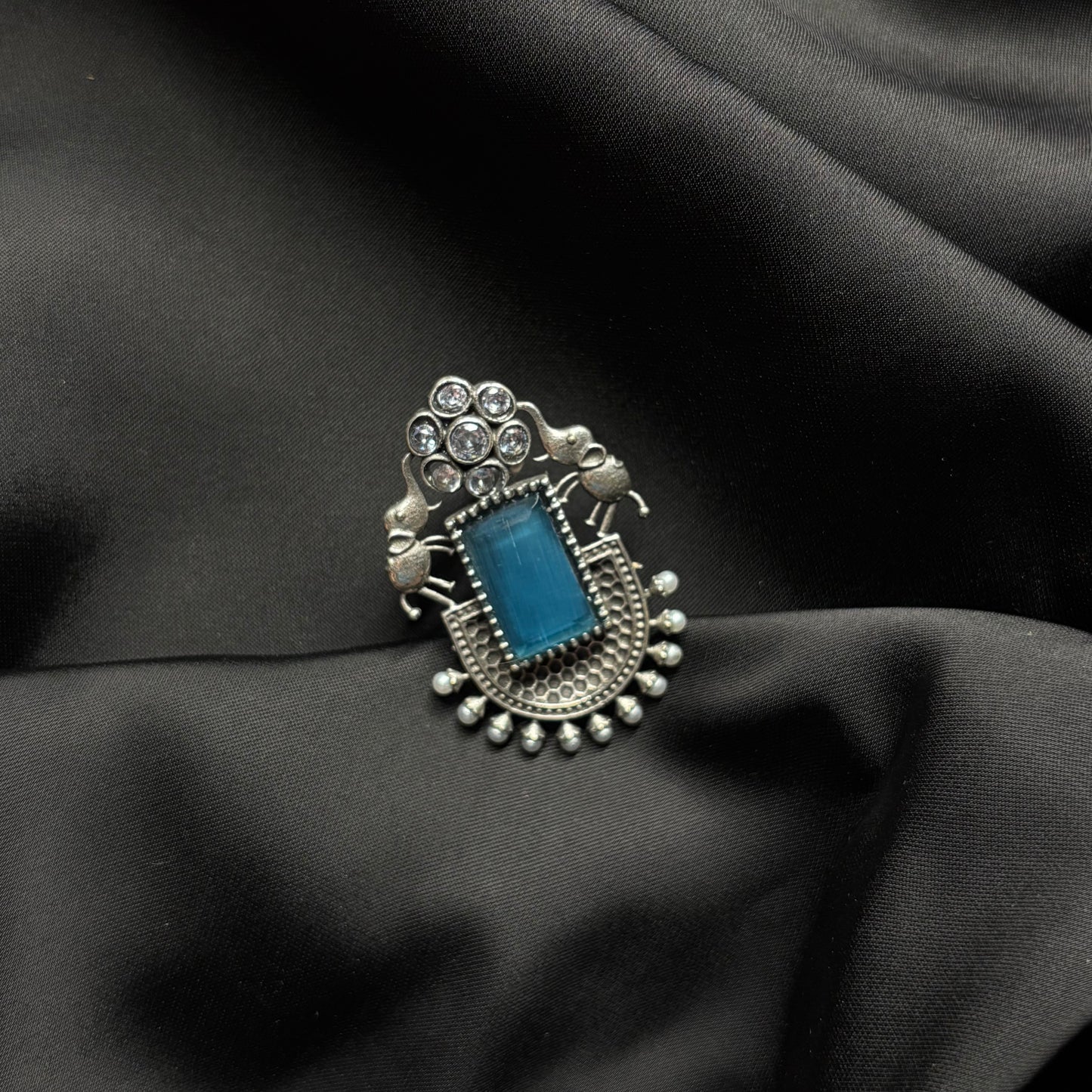 Oxidised German Silver Earrings with Sky Blue Stone & Elephant Motif