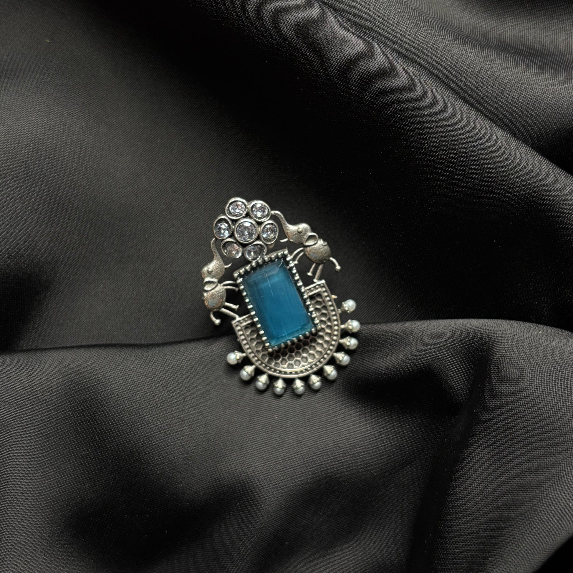 Oxidised German Silver Earrings with Sky Blue Stone & Elephant Motif