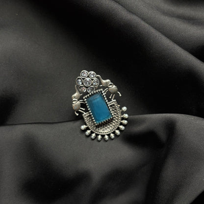 Oxidised German Silver Earrings with Sky Blue Stone & Elephant Motif