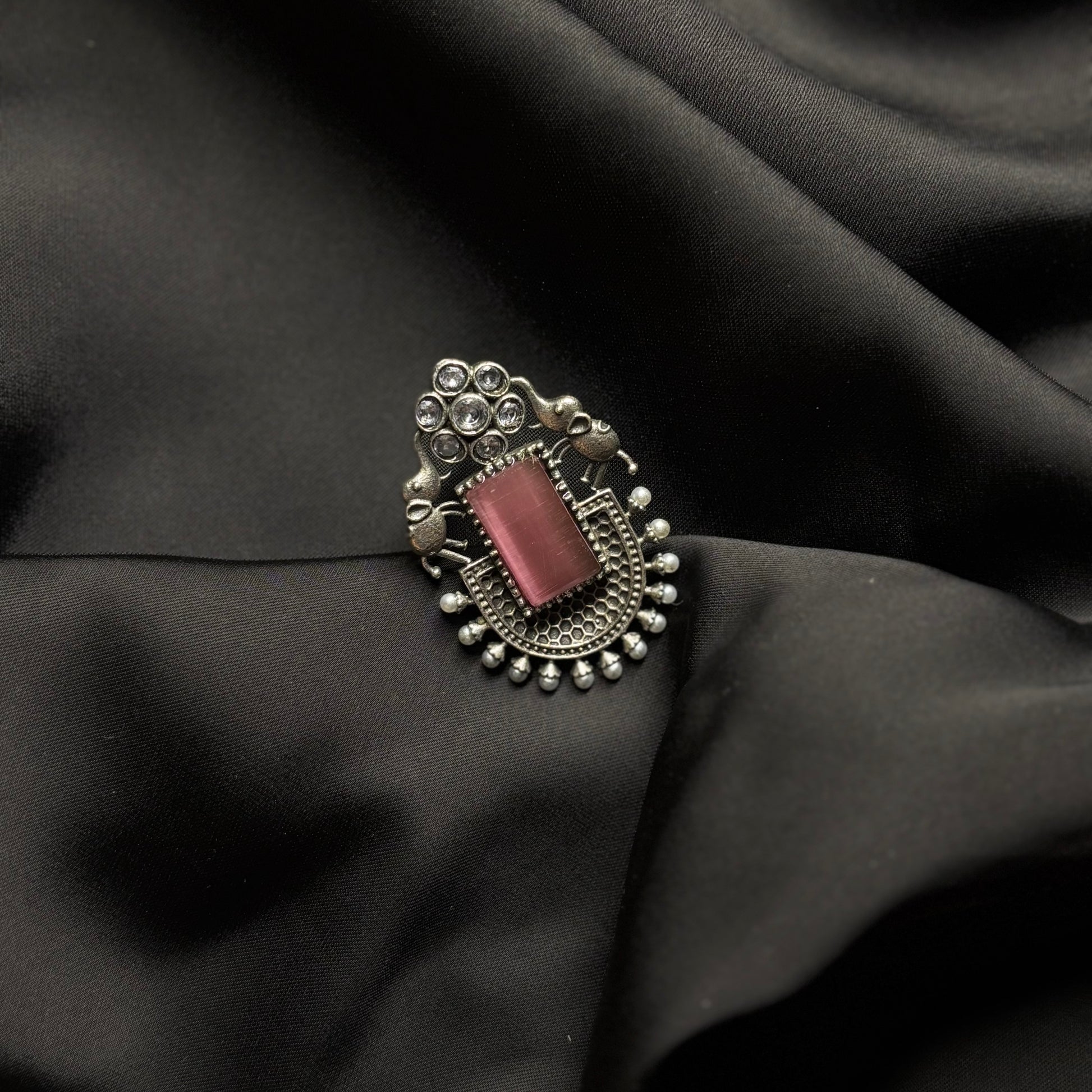 Oxidised German Silver Earrings with Pink Stone & Elephant Motif