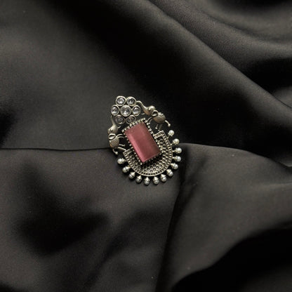 Oxidised German Silver Earrings with Pink Stone & Elephant Motif