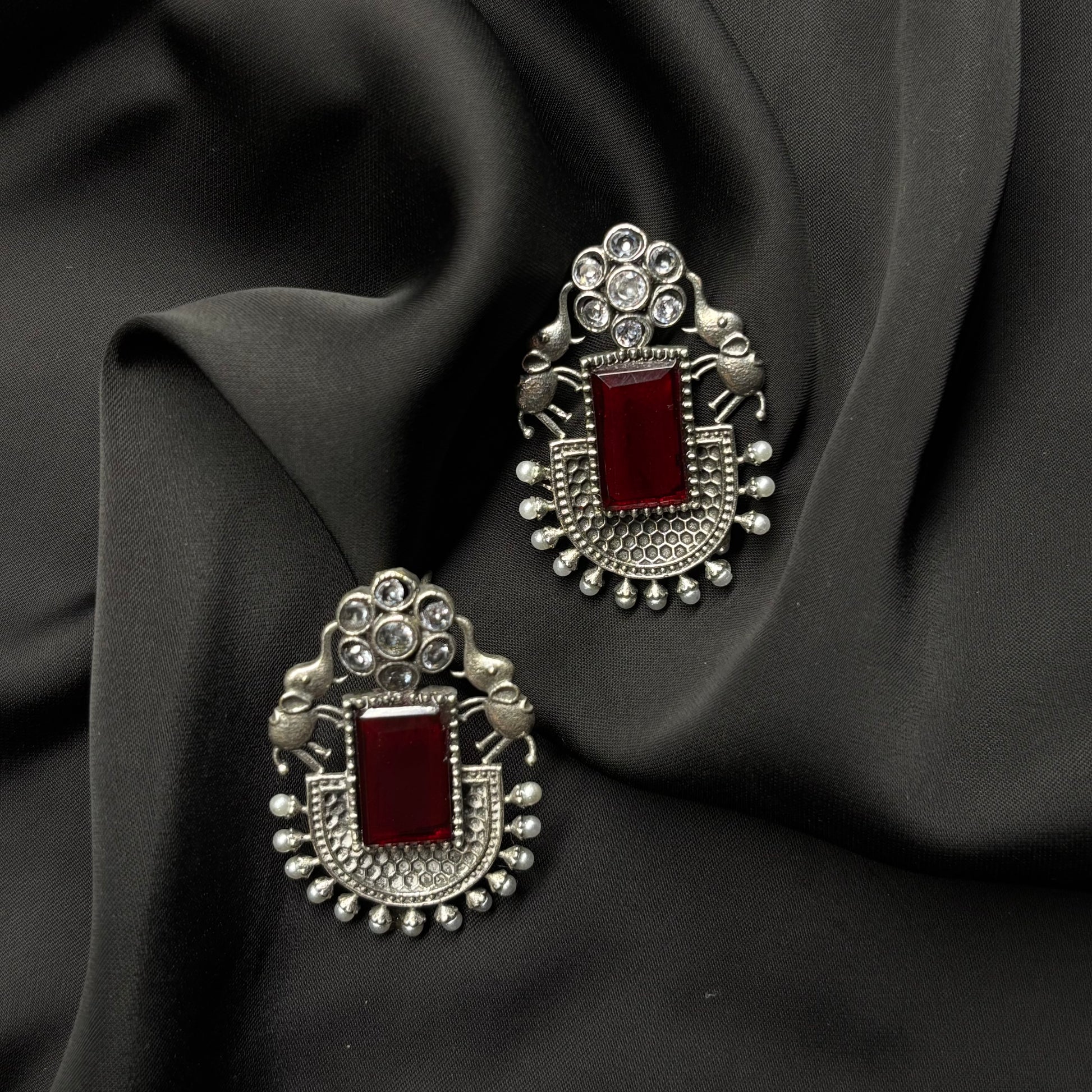 Oxidised German Silver Earrings with Dark Red Stone & Elephant Motif