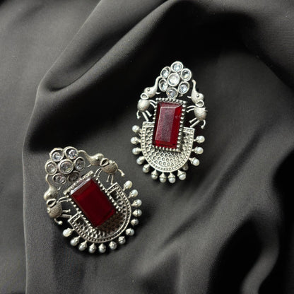 Oxidised German Silver Earrings with Dark Red Stone & Elephant Motif