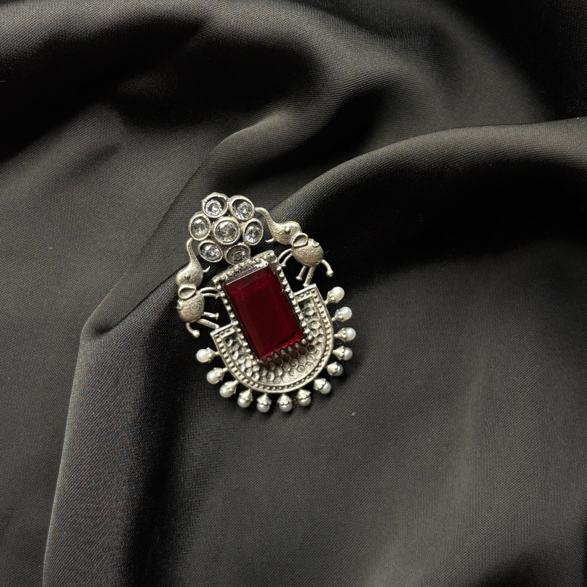 Oxidised German Silver Earrings with Dark Red Stone & Elephant Motif
