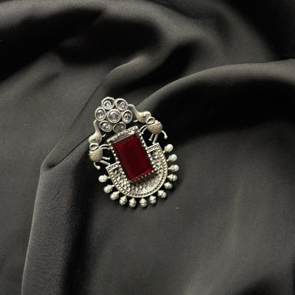 Oxidised German Silver Earrings with Dark Red Stone & Elephant Motif